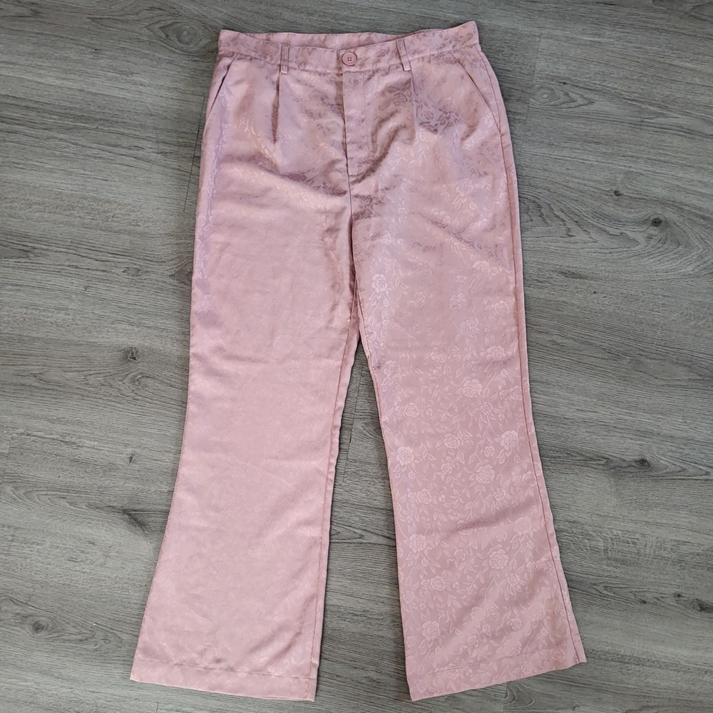 Reclaimed Vintage Pink Floral Jacquard Wide Leg High Waisted Trousers 34